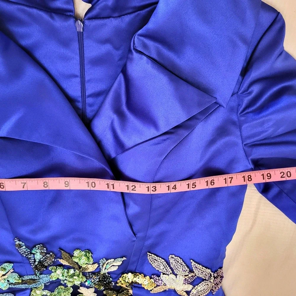 Glamora Royal Blue Satin Sheath Embroidered Sequin Gown Portrait Collar Train 8 - Picture 11 of 16
